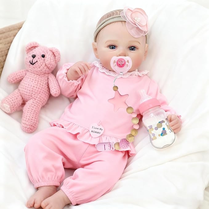 3 Pcs Reborn Baby Doll Magnetic Pacifier Feeding Set, Realistic Reborn Doll Accessories with Reborn Bottle, Magnetic Doll Binky & Star Clip, Pink Pretend Play Toy for Kids Gift