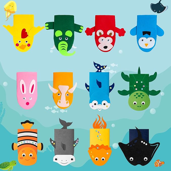 WATINC 12Pcs Hand Puppet Making Kit, Art Craft Felt Sock Puppet Toys, Creative DIY Make Your Own Pompoms Wiggle Googly Eyes Storytelling Role Play Party Supplies Gift for Girls Boys (Animals Ocean A)