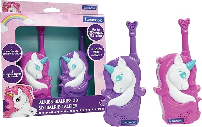 Lexibook, Unicorn, 3D Unicorn Walkie-Talkies, 550 Yards Range, 2 Communication Channels, Belt Clip, Pink/Purple, TW18UNI