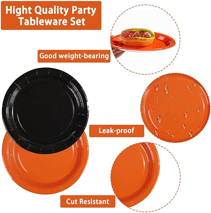 Grencian 96Pcs Orange and Black Party Decorations Orange and Black Plates and Napkins Disposable Paper Tableware Set for Birthday Wedding Baby Shower Fall Harvest Halloween Party Supplies, Serves 24