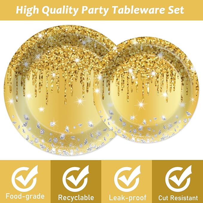 96 PCS Golden Birthday Party Decorations Tableware Set for Golden Themed Happy Birthday Supplies Diamond Gold Plates Napkins Forks for 24 Guests Men Women Anniversary Engagement Wedding Party Favors