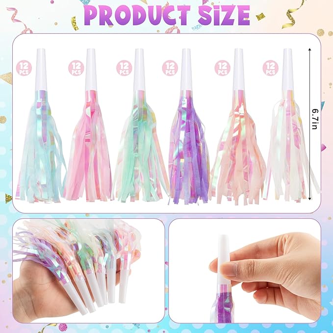 72 pcs Party Blowers, Noise Makers Glitter Metallic Fringed Party Horns for Birthday Blow Horns Graduation Sporting Party Favors Supplies