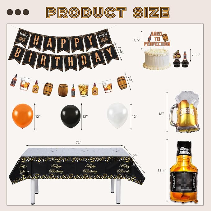 Whiskey Birthday Party Decorations for Men Aged to Perfection Party Supplies Include Birthday Banner Whiskey Garland Tablecloth Cake Toppers Foil Balloons for Whiskey Party Decorations for Dad Daddy