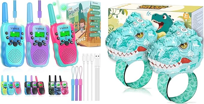 Vvinca Walkie Talkies for Kids 5 Pack, Toys for Boys Girls Age 3-13 Ourdoor Camping Gift, Including Dinosaur Walkie Talkies 2 Pack, Rechargeable Walkie Talkie 3 Pack for Christmas, Birthday Gifts