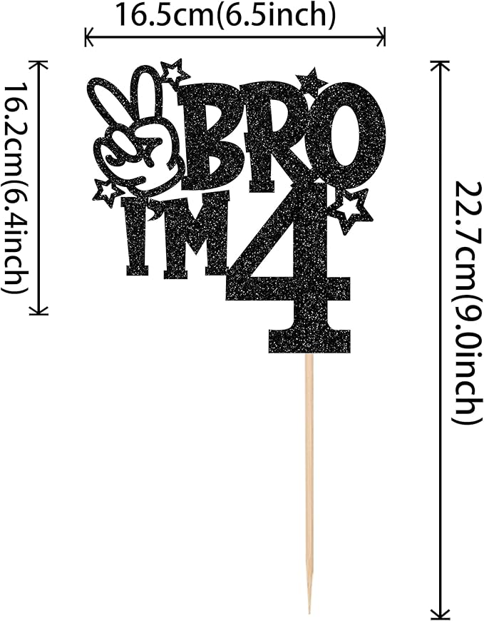 1 PCS Brother I'm 4 Cake Topper Glitter Star Happy 4th Birthday Cake Pick Bro I'm 4 Cake Decoration It's My 4th Birthday Decorations for Boys Cheers to 4 Years Old Birthday Party Supplies Black
