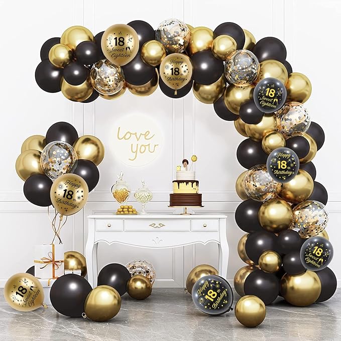 Black Gold 18th Birthday Balloons Pack of 15 Boys Girls Happy 18th Birthday Party Deocorations Supplies Boys Girls Sweet 18th Birthday Ballloons Latex Confetti Balloons 12inch & Ribbon