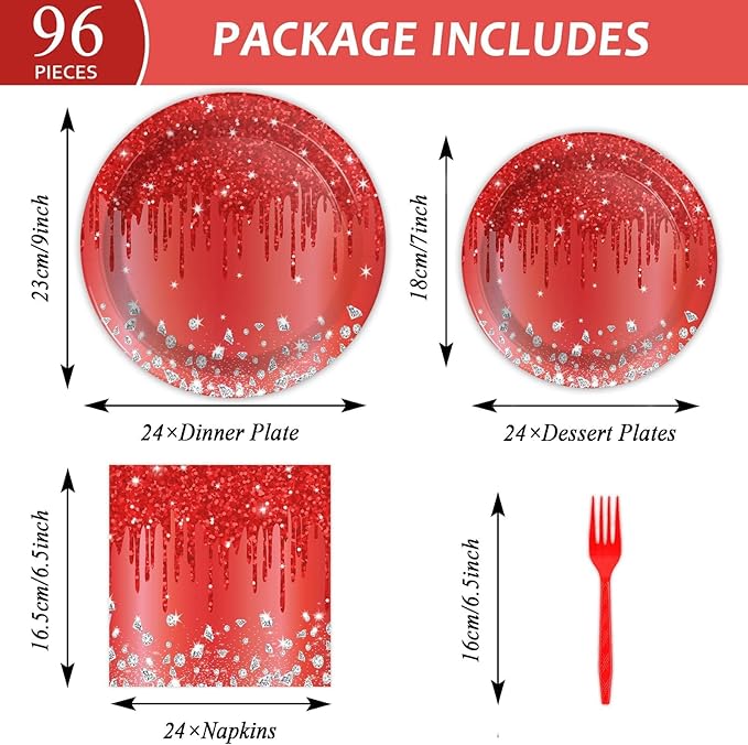 ZOIIWA 96 Pieces Red Birthday Tableware Set for Red Theme Silver Table Decorations Disposable Dessert Plates Napkins Forks for Women 24 Guests Diamonds Glitter Valentine's Day Birthday Party Supplies