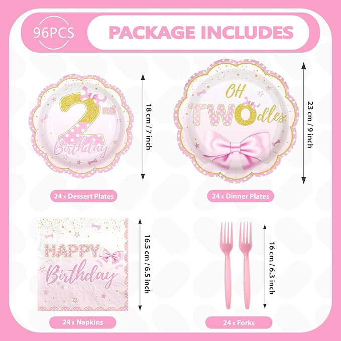 96Pcs Oh Twodles Birthday Party Supplies Girl Cartoon 2nd Mouse Birthday Paper Plates and Napkins Pink Gold Cute 2nd Mouse Theme Bday Decoration for Girls Two Years Old Bday Party Supplies Serves 24