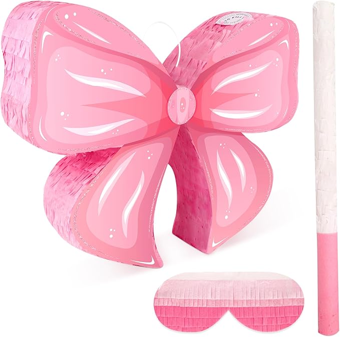 Hooqict Pink Bow Pinata with Blindfold and Bat Stick Pink Girls Pinata for Birthday Party Girls Kids Bow Birthday Party Supplies Decorations (Small Size 16"x13"x3")