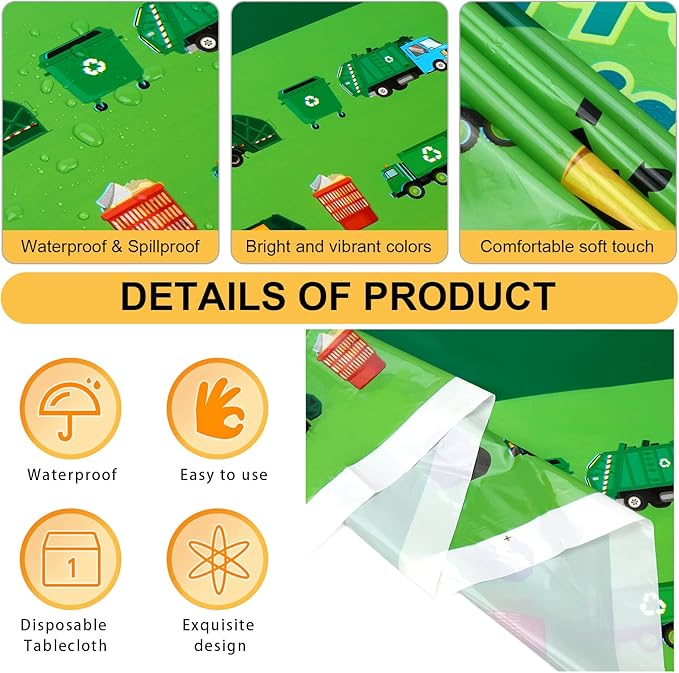 PHOGARY 2 Pack Garbage Truck Tablecloths for Garbage Truck Birthday Party Supplies, Trash Truck Party Table Cover Disposable Plastic Rectangle Table Cloth for Kids Birthday Baby Shower 51" X 86"