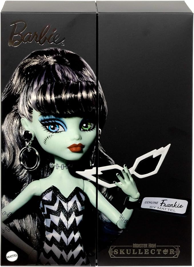 Monster High x Barbie Frankie Stein Doll with Original Barbie-Inspired Swimsuit and Solo in The Spotlight Black Evening Dress, Accessories