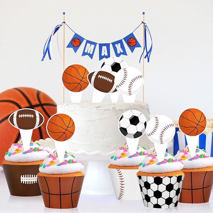 48 Pack Sports Balls Cupcake Toppers and Wrappers, Football Basketball Soccer Baseball Cake Decoration for Sport Theme Birthday Party Sports Game Day Party Supplies