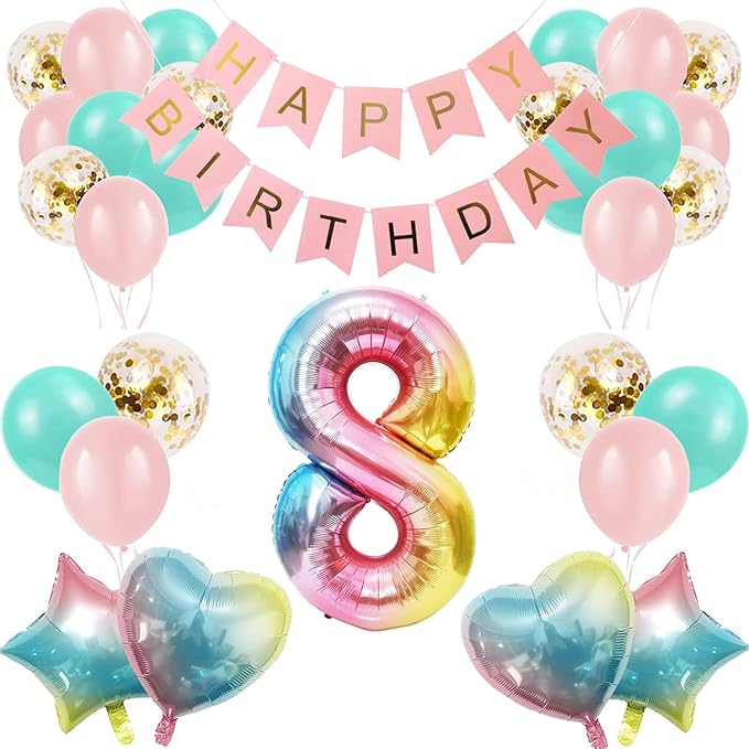 8th Birthday Decorations for Girls Gradient color Age 8 Balloons with Happy Birthday Banner for Baby showers Eighth Birthdays Party Supplies for Girls Boys