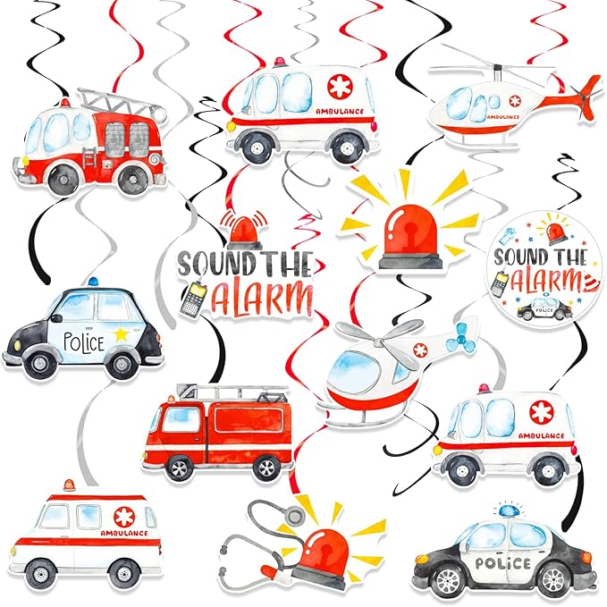 Emergency Vehicle Party Decorations 20PCS Rescue Vehicles Hanging Swirls Ambulance Firetruck Police Ceiling Streamers First Responders Birthday Baby Shower Wedding Party Supplies