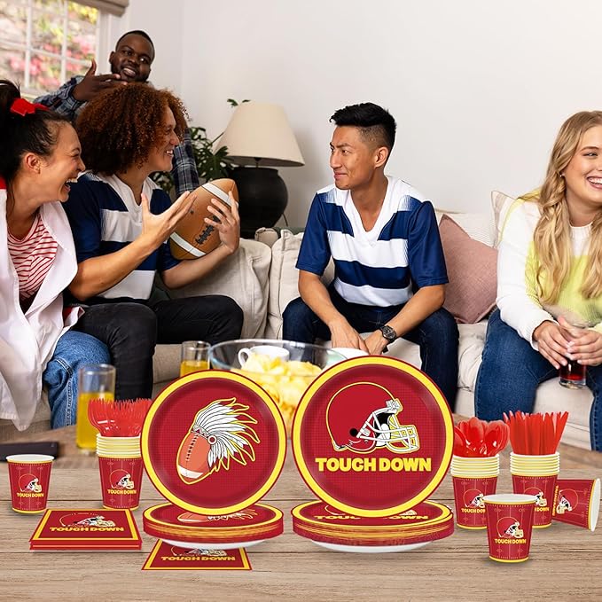 168pcs Red Football Party Supplies Touch Down Plates Napkins American Rugby Tableware Set Disposable Paper Cups Red knives Forks and Spoons Football Birthday Party Decorations Serves 24