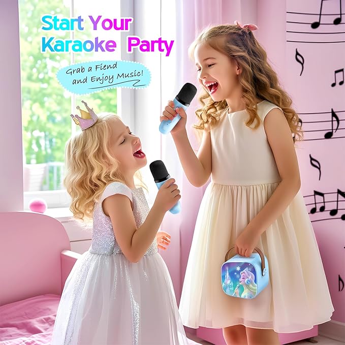 Kids Karaoke Machine for Kids Frozen Toys for Girl Gift, Mini Karaoke Machine with 2 Wireless Microphones Ages 3,4,5,6,7,8,9,10,11,12+ Year, Microphone for Kids Christmas or Birthday Toy Gift (Blue)