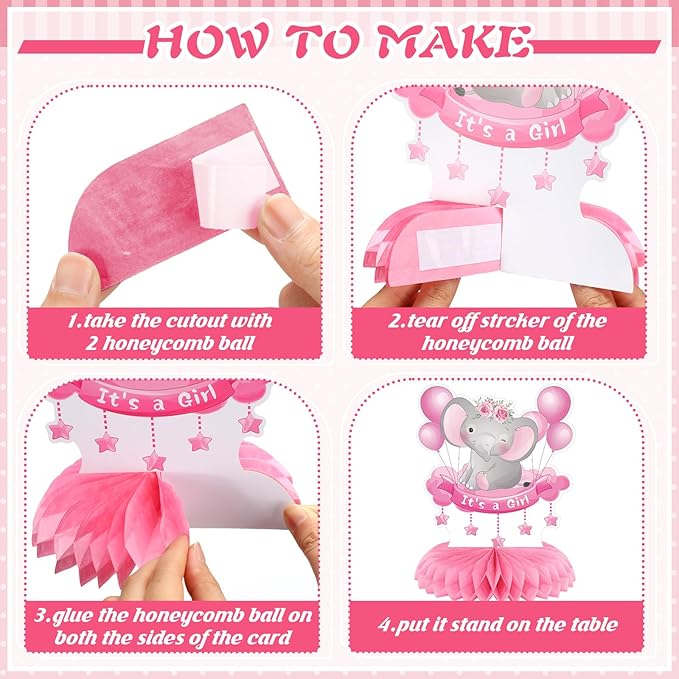 12 Pcs Pink Elephant Baby Shower Decorations Honeycomb Centerpieces Elephant Baby Shower Table Decoration Balloon Moon Flowers Table Topper for Birthday Party Favors Supplies