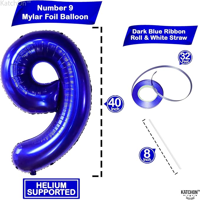 KatchOn, Giant Royal Blue Number 9 Balloon - 40 Inch | Foil 9 Birthday Balloon for 9th Birthday Decorations | 9th Anniversary Decoration | Royal Blue Party Decoration