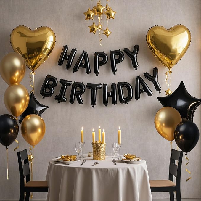 27 Pcs Black Gold Birthday Decorations, 3D Letters Black Happy Birthday Balloon Banner, Pentagram Heart Foil Balloons Confetti Balloons Kit For Boys Girls Party Supplies