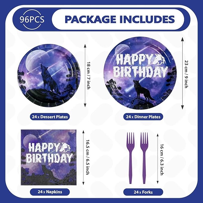 96Pcs Wolf Birthday Party Supplies Galaxy Wolf Plates and Napkins Black Purple Galaxy Disposable Paper Tableware Set for Animal Theme Birthday Outdoor Holiday Party Supplies Serves 24