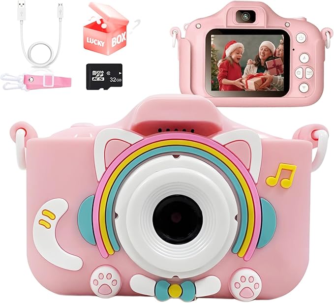 KOOMTOOM Digital Camera for Kids,HD 1080P Video Kids Camera Toddler Toys Gift for 3-12 Years Old,5 Games & Filters,32GB SD Card,Surprise Box Included (Pink)