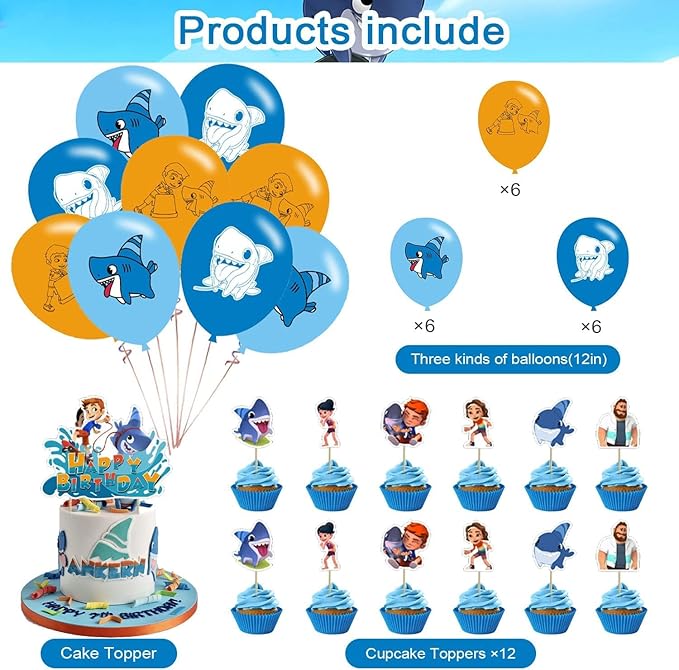 Sharkdog Party Decorations,Sharkdog Birthday Party Supplies Includes Banner- Cake Topper - 24 Cupcake Toppers - 18 Balloons