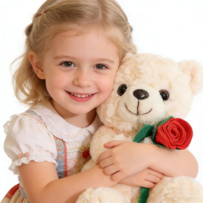 Teddy Bear Stuffed Animal Cute Flower Plush Doll Toy 8 inch for Girls Boys Christmas (Bear Flower White)