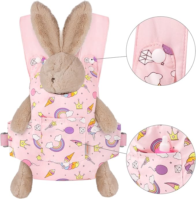 GAGAKU Doll Carrier Doll Accessories Stuffed Animal Carrier with Adjustable Straps for Kids – Pink (Stars)