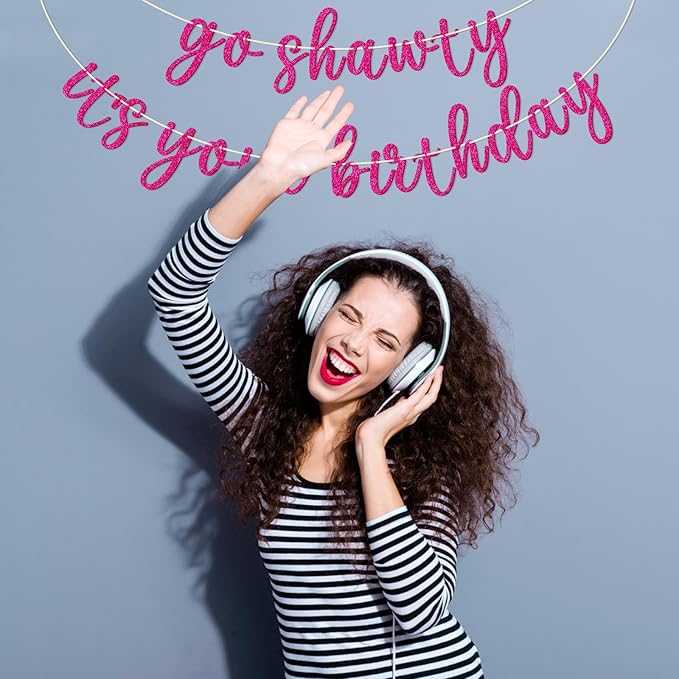Go Shawty It's Your Birthday Banner, Hip Hop Birthday Party Decorations Supplies, Rap Theme Bday Bunting Sign, Pre-strung, Photo Props (Pink)
