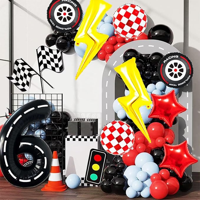 Race Car Birthday Party Decorations Large Lightning Bolt Foil Balloons Race Car Balloons 40 Inch Racetrack Number 6 Balloon for Boys 6th Race Car Birthday Party Decor Supplies