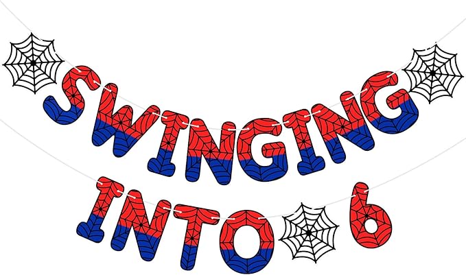 TaoBary Spider Theme 6th Birthday Banner, Pre-strung Swinging into 6 Banner, Spider 6th Birthday Decorations Party Supplies for Kids, Sixth Decor for 6 Year Old Boys Girls(Red and Blue)