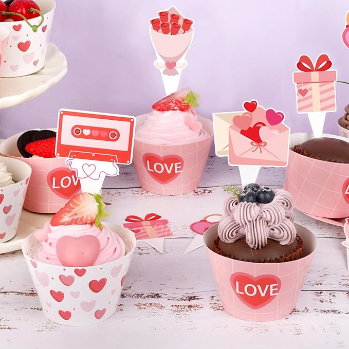 48 Pcs Valentines Cupcake Toppers and Heart Wrappers Love Cupcake Decorations for Valentine's Day Theme Wedding Birthday Party Supplies