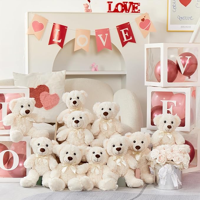 MorisMos 10Pcs Teddy Bears Bulk Baby Shower, 14inch Cute White Teddy Bear Stuffed Animals Plush, Small Stuffed Bears on Centerpiece Baby Shower, Easter Basket Stuffer Toy