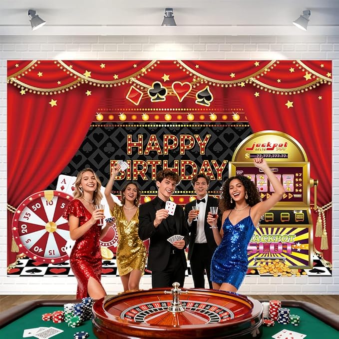Casino Happy Birthday Backdrop Decorations Banner Luxurious Las Vegas Casino Night Photo Background for Home Indoor Outdoor Birthday Party Decorations Supplies 70.8 x 47.2 Inch