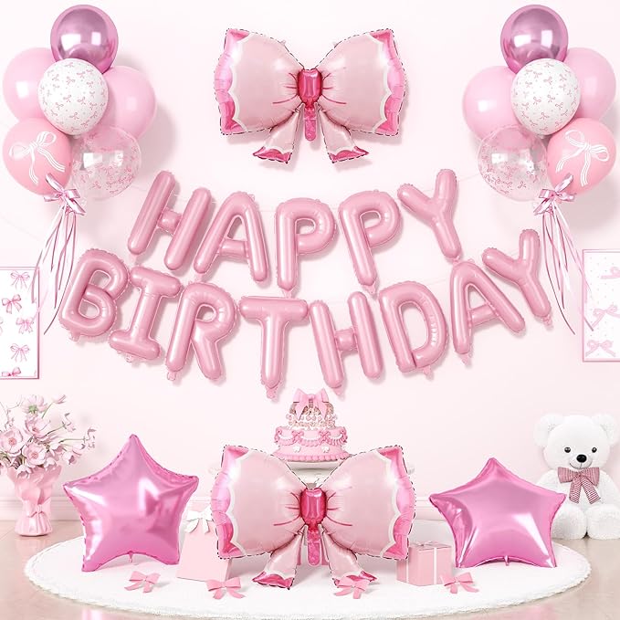 29PC Bow Happy Birthday Balloon Banner, 16Inch 3D Aluminum Letter Banner Sign, White Pink Printed Balloon 18 Inch Pink Star Foil Balloons for Bow Birthday Party Decorations