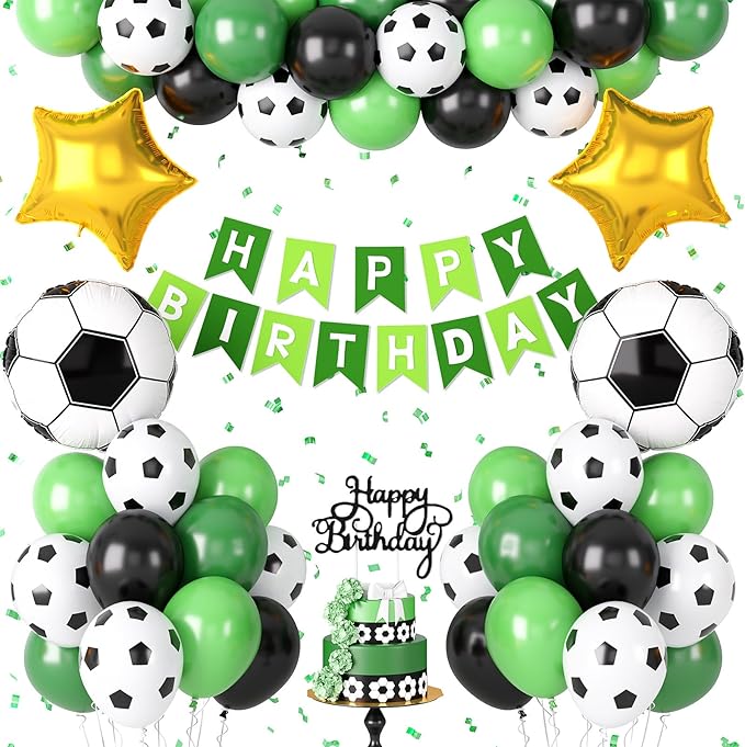 Soccer Birthday Party Decorations for Boys, Soccer Party Decorations with Green Black White Balloons 'HAPPY BIRTHDAY' Banner Cake Toppers Star Foil Balloons for Boys Men Birthday Decor