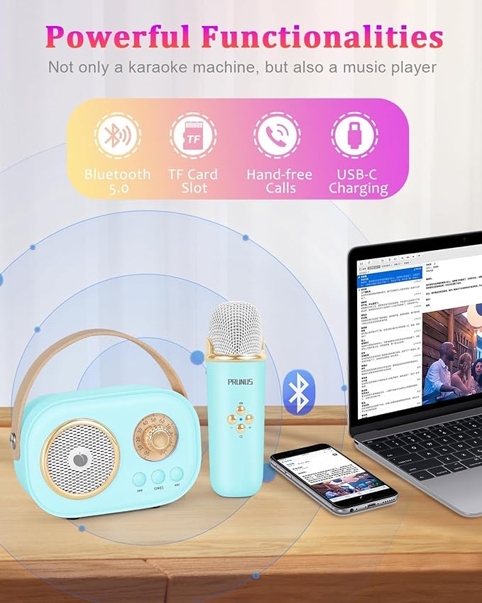 PRUNUS C20 Mini Karaoke Machine,Valentines Day Gifts for Her Him Kids Mens,Portable Bluetooth Speaker with 2 Wireless Microphone for Boys Girls 3-12+ Years Old Birthday Party Blue