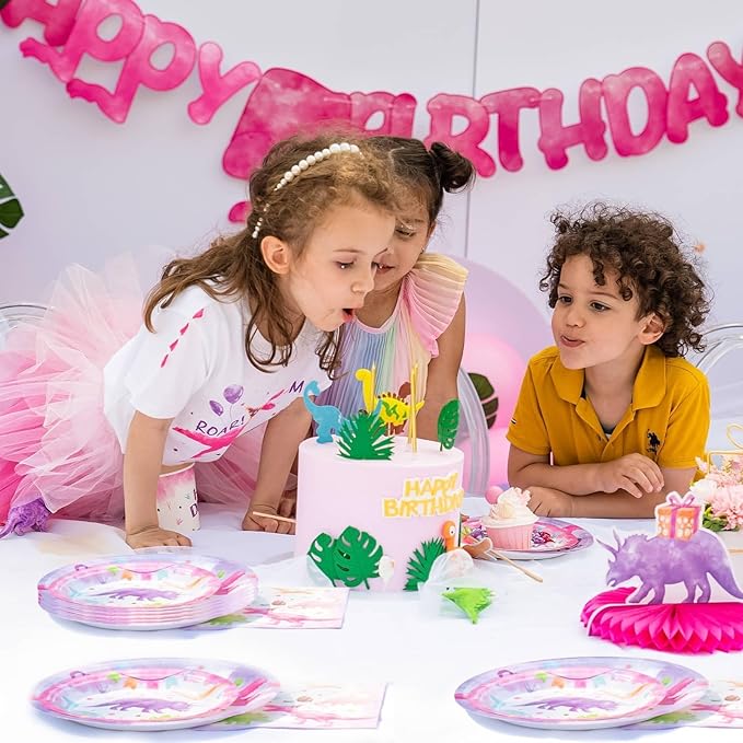 WERNNSAI Girl Dinosaur Party Decorations - 48 PCS Dinosaur Plates and Napkins Pink Dino Birthday Decorations Dino Party Plates Tableware for Kids Birthday Baby Shower Decorations Serves 16 Guests