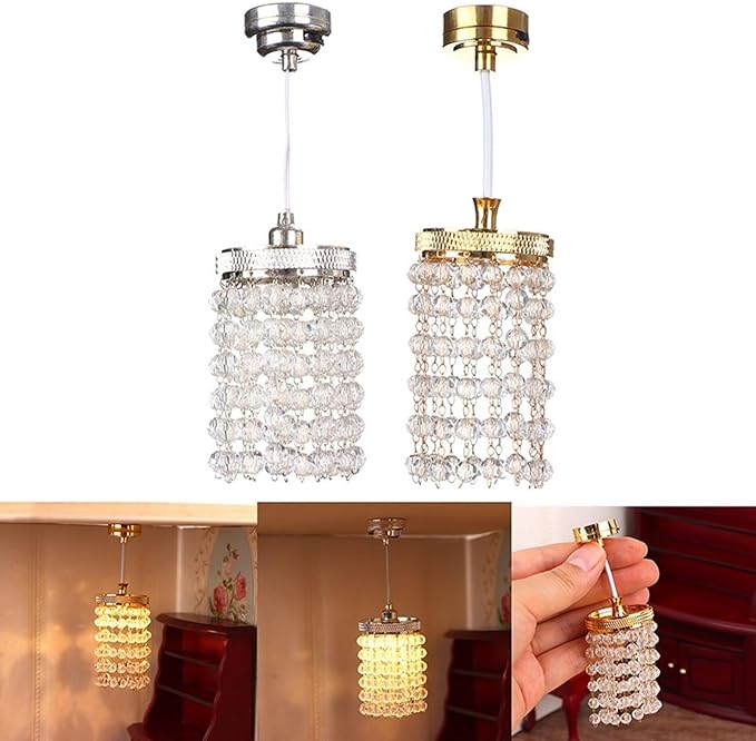 LUOZZY Dollhouse Lights Battery Operated Crystal Miniature Chandelier Led Lighting 1 12 Scale (Gold)