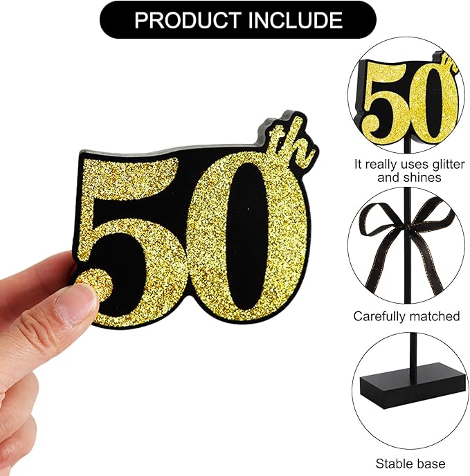 50th Black Gold Glitter Centerpieces for 50th Birthday Table Decorations,Wood Signs Happy Fifty Years Old B-Day Table Topper for Men and Women Birthday Party Supplies (3 Pcs)