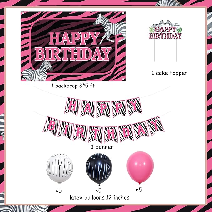 Zebra Birthday Decorations for Women Pink Zebra Happy Birthday Banner Backdrop Cake Topper Safari Jungle Theme Bday Party Supplies for Wildlife Animal Supplies