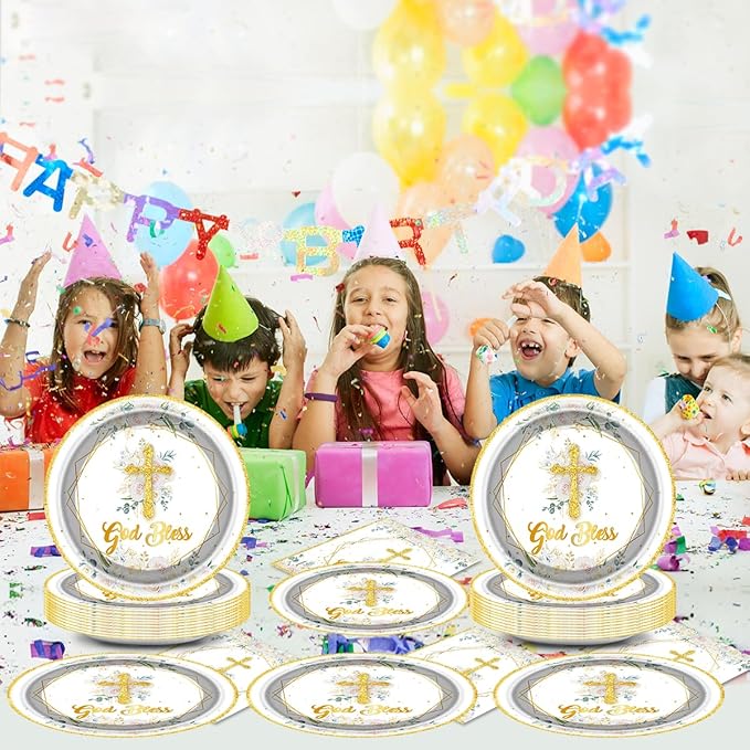 God Bless Plates and Napkins Baptism Theme Party Supplies, First Holy Communion 20 Plates, 20 Napkins for Newborn Baptism Church Cross Party Decoration
