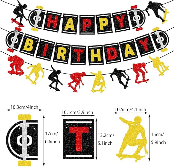 Zwiebeco Black Red Yellow Skateboard Happy Birthday Banner Bunting Hanging Paper Garland Party Decorations for Skater Boys Girls Kids Adults Sports Themed Bday Decor Accessories Supplies