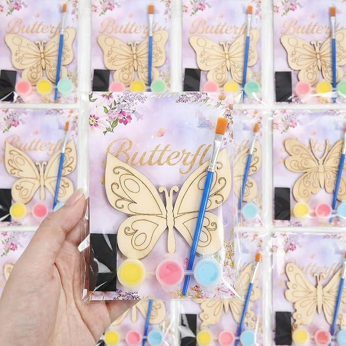 24 Pack Butterfly Party Favors - Non-Toxic Wooden DIY Butterflies Paint Craft - with Magnet Luminous Pen Diamond Sticker - Butterfly Birthday Party Supplies Goodie Bag Gift Prize for Kids Girl Toddler