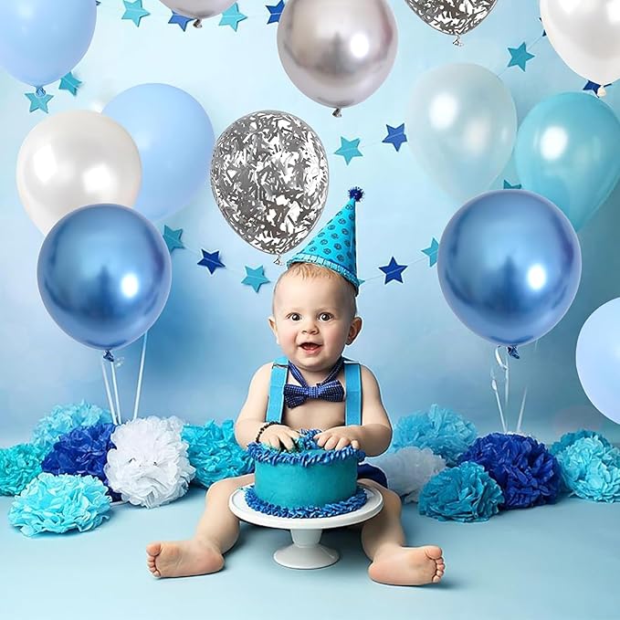 Togvu Metallic Blue Silver Balloons, 60 Pcs 12 Inches Chrome Blue White Balloon with Silver Balloons Glitter Confetti Balloons for Boys Baby Shower, Birthday, Baptism,Wedding Decorations
