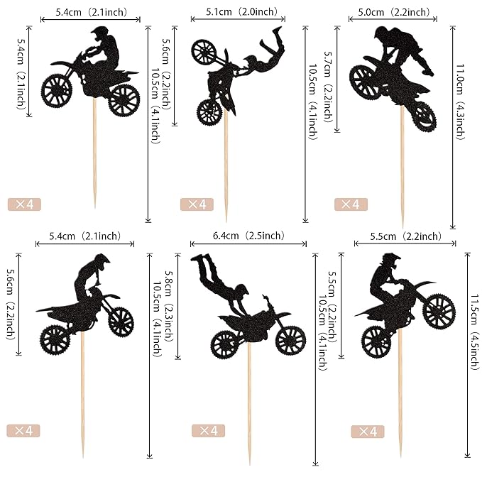 24 PCS Motorcycle Cupcake Toppers Black Glitter Motocross Dirt Bike Party Cupcake Picks for Sports Motocross Theme Man Boy Birthday Party Cake Decorations Supplies