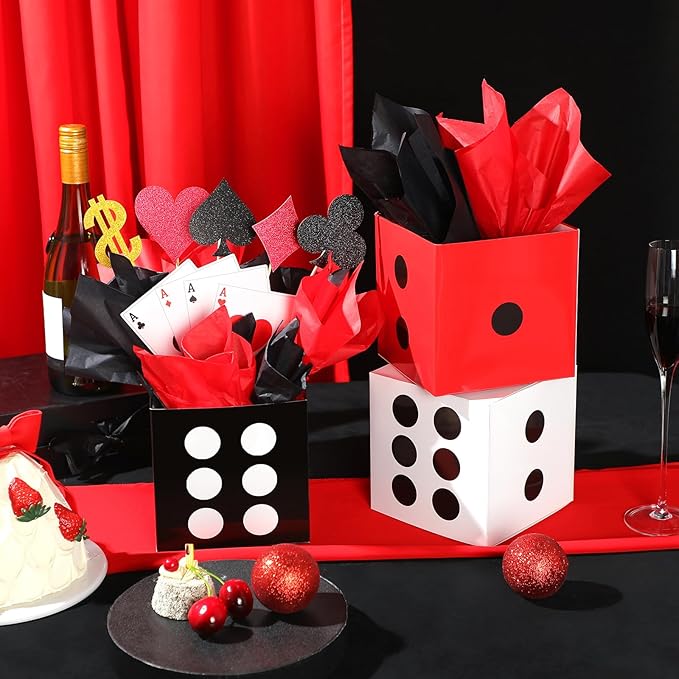 Zhanmai 24 Set Casino Theme Party Decorations 6 x 6 x 6 Inch Paper Poker Boxes Casino Centerpiece Sticks for Table Game Theme Night Decoration Gift Box for Poker Birthday Party Supplies