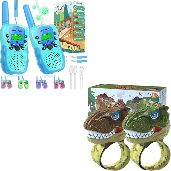 Vvinca Toddler Walkie Talkies for Kids 4 Pack - Toys for Boys Girls Age 3-12， Including Dinosaur Walkie Talkies 2 Pack, Rechargeable Walkie Talkie 2 Pack, Kids Toys for Christmas、Birthday Gifts