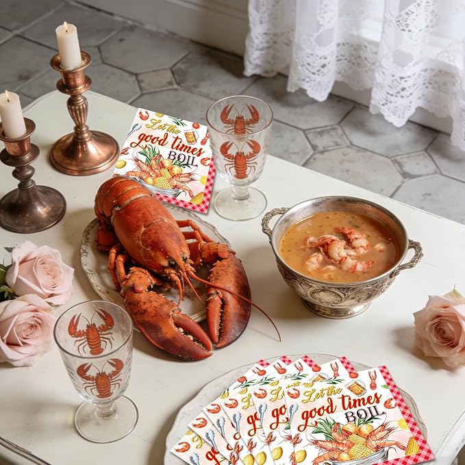 100Pcs Let The Good Times Boil Napkins Crawfish Boil Party Supplies Freedom Lobster Seafood Boil Birthday Theme Disposable Luncheon Dinner Table Decor Supplies Napkins 6.5" x 6.5"