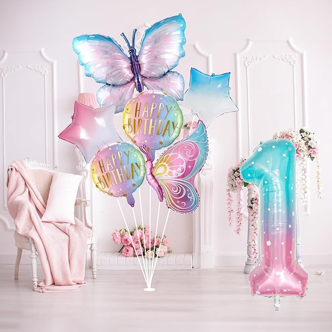 Butterfly Birthday Decorations, Butterfly Balloons, 1st Birthday Party Decorations for Girls, Fantasy Numbers 1 Foil Balloon for Princess Girl Aluminum Film Balloons Party Decor Supplies